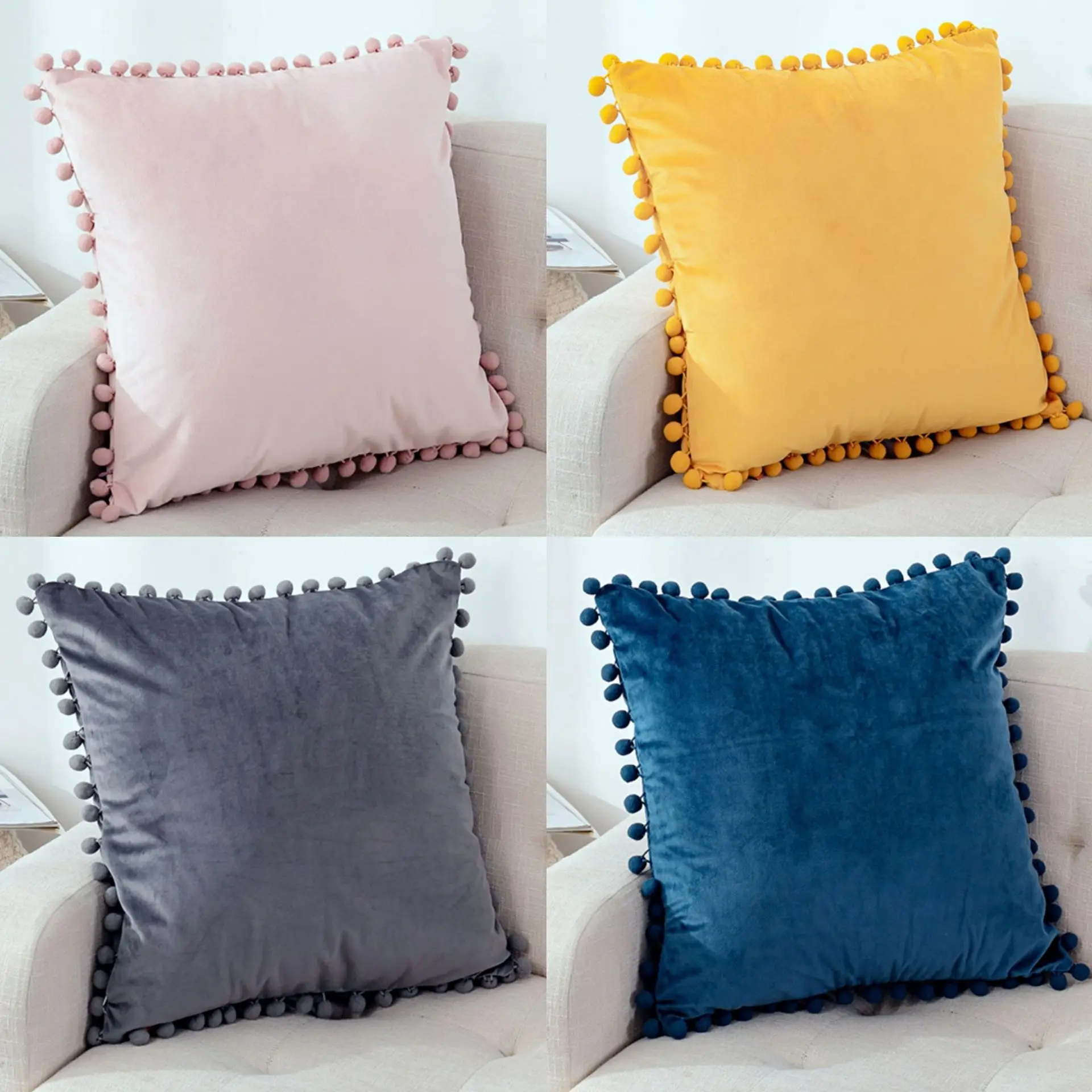 
Wholesale Holiday Gift Ins Velvet Sofa Pillowcase with cute ball fringe 