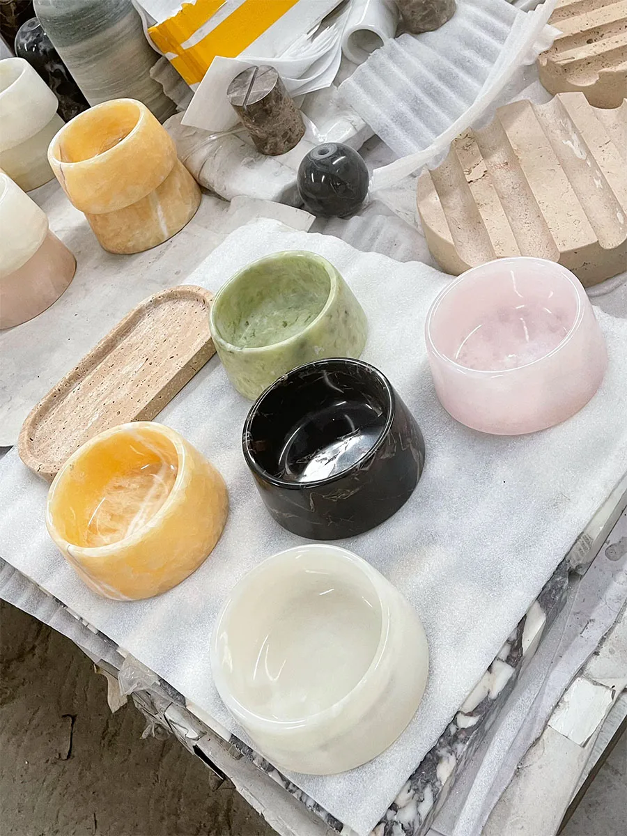 Luxury Black White Green Yellow Pink Onyx Marble Stone Stoneware Dog Pet Feeded Bowl For Dog Cat Puppy And Pet