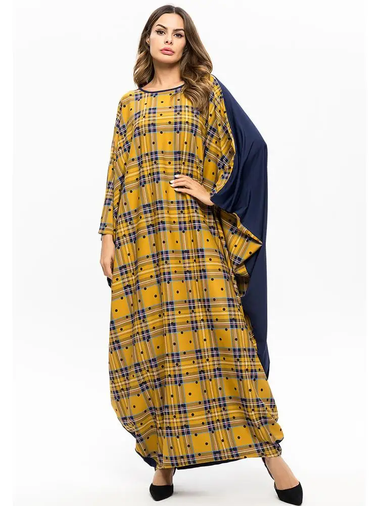 
AliExpress exclusively for Middle Eastern Muslim Bat Sleeve Loose Panel Plaid Robe Dress Muslim Dresses And Abaya For Woman 