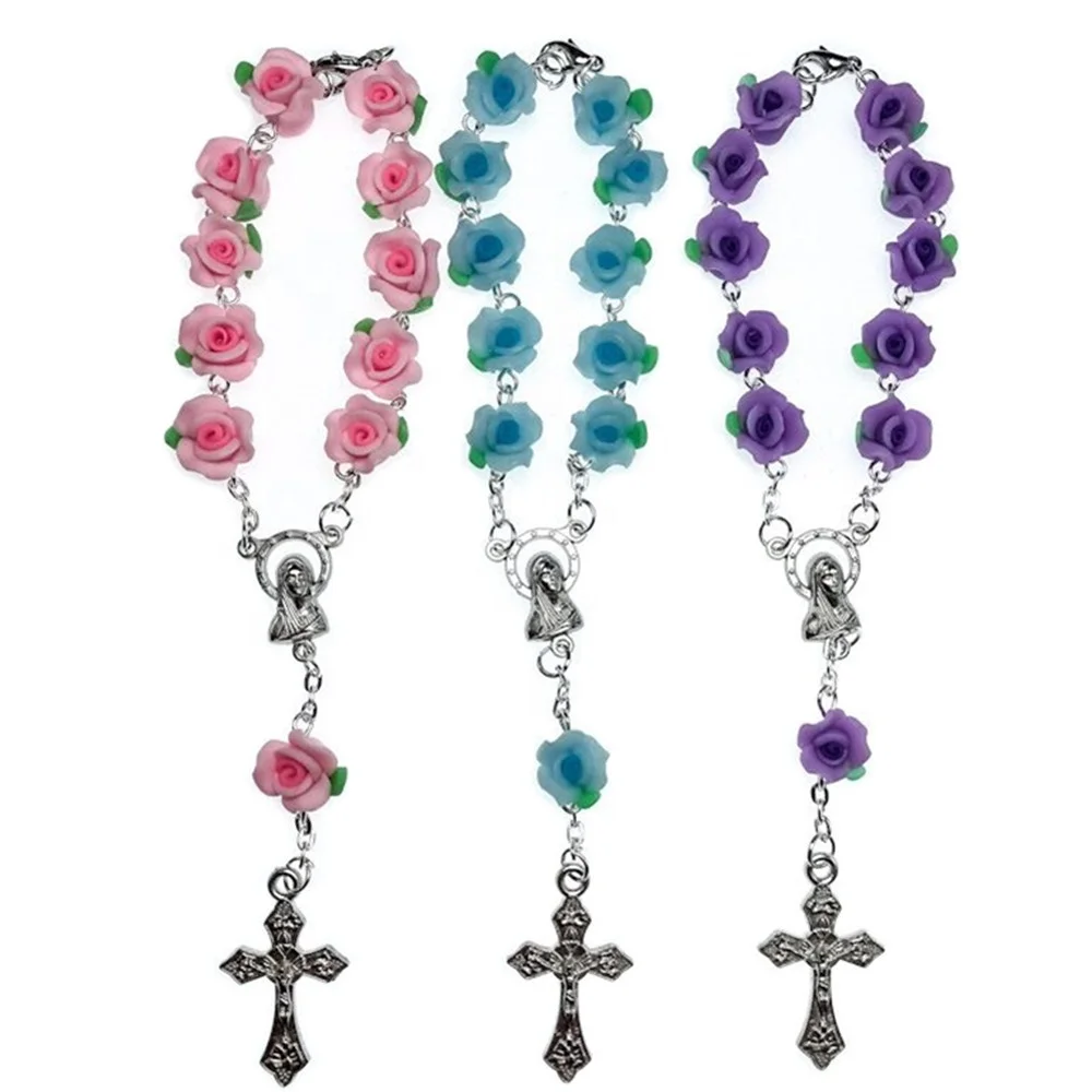 Candy bright color Soft Ceramic beads rose rosary bracelet, soft clay beads denary, baptism gift