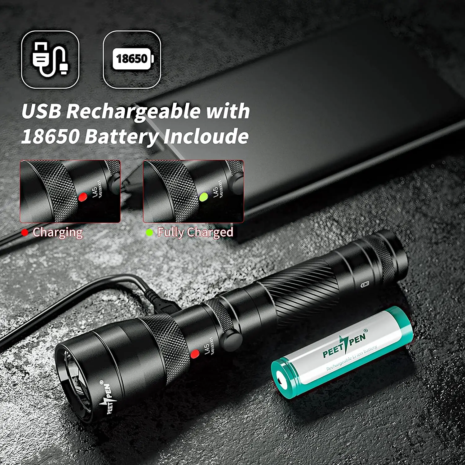 Peetpen L45 High power Aluminum Zoom Torch Light Tactical zoomable zooming Rechargeable Led Flashlight