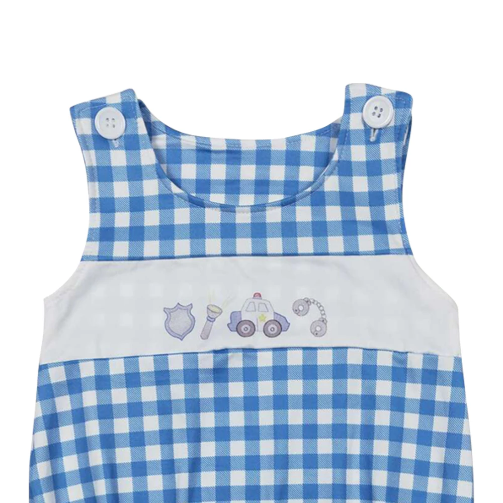 Girls clothes rompers sleeveless blue plaid police car wholesale baby boys summer romper suit boutique suit low price clothes