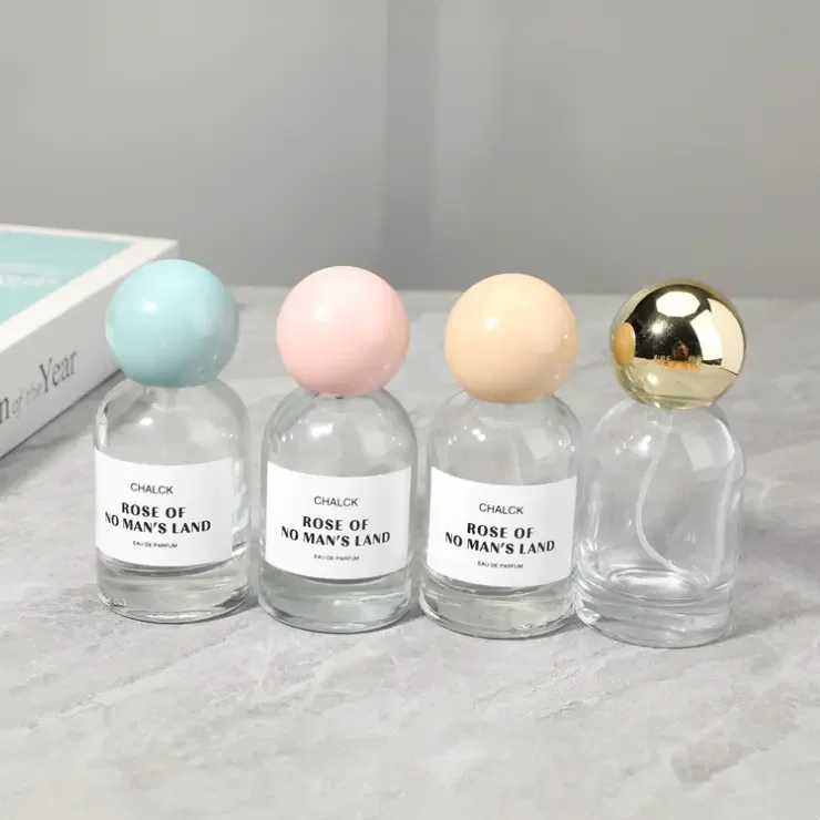 Customized label 30ml 50ml transparent color ball shape lid new man woman designer perfumes bottle