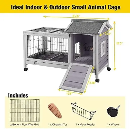 Wooden rabbit huts with detachable wire floor mesh and rabbit cages with deeper leak-proof trays - including 4 wheels