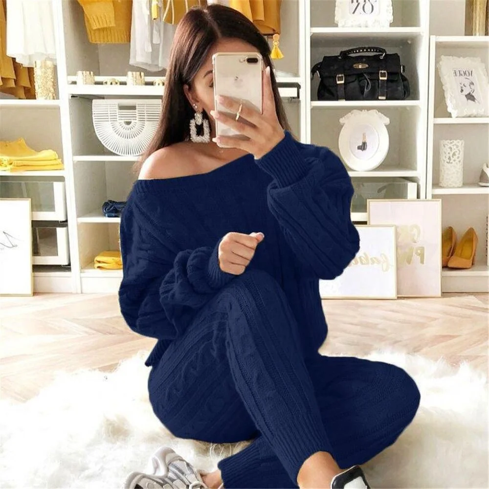 AKIMBO IMPEX Lady Tracksuit Two Piece Set Women Top and Pants Knitted Sweater Set Winter Sweatsuit