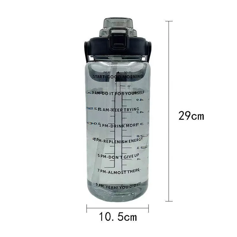 Custom Logo Reusable Gym Sports 2L Clear Motivational Half Gallon Plastic Water Bottle with Time Marker and Straw