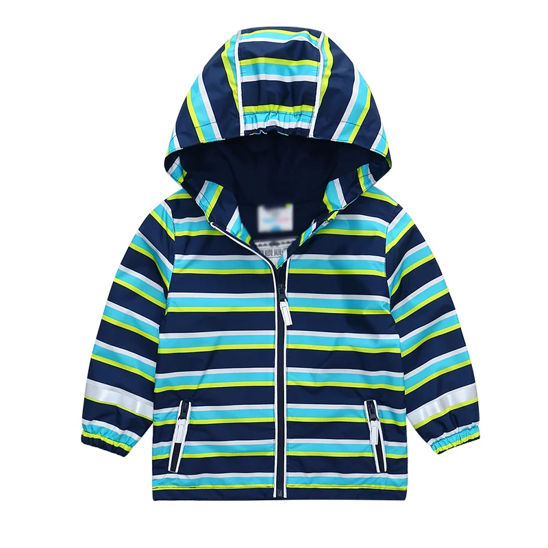 Customized kids outdoor hiking jacket stripe print children outdoor waterproof rain coat hooded outerwear