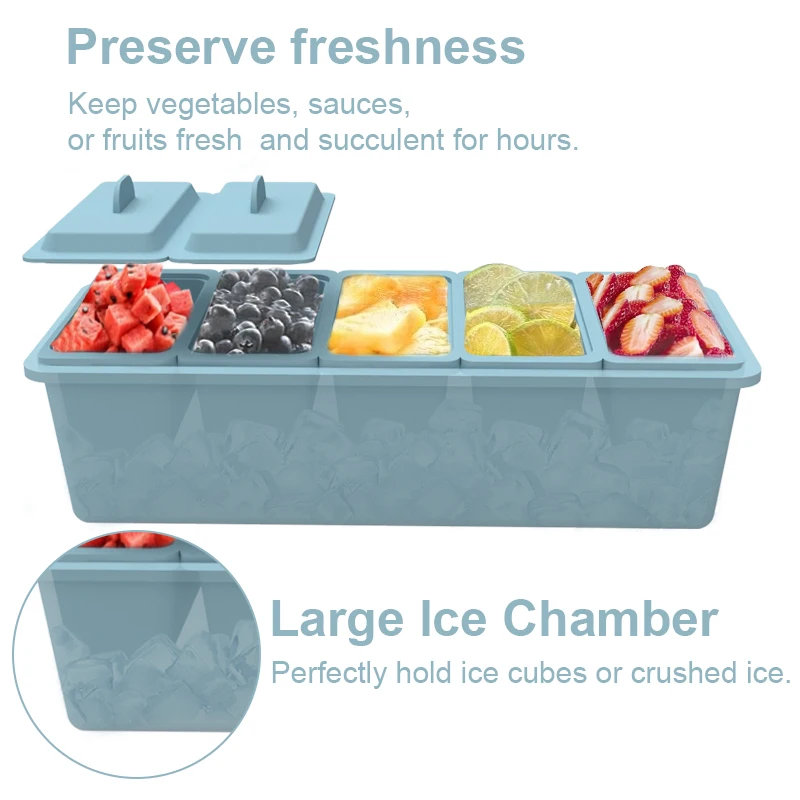 Large Ice Chilled Condiment Caddy Organizer with 5 Removable Compartments Silicone Chilled Condiment Server Tray with lid