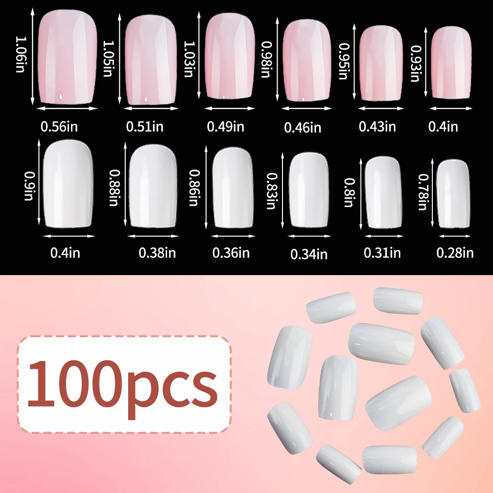 100Pcs Light Pink Acrylic False Nails Tips Short Medium Square Press on Nails Reusable Full Cover False Nails Finger Extension
