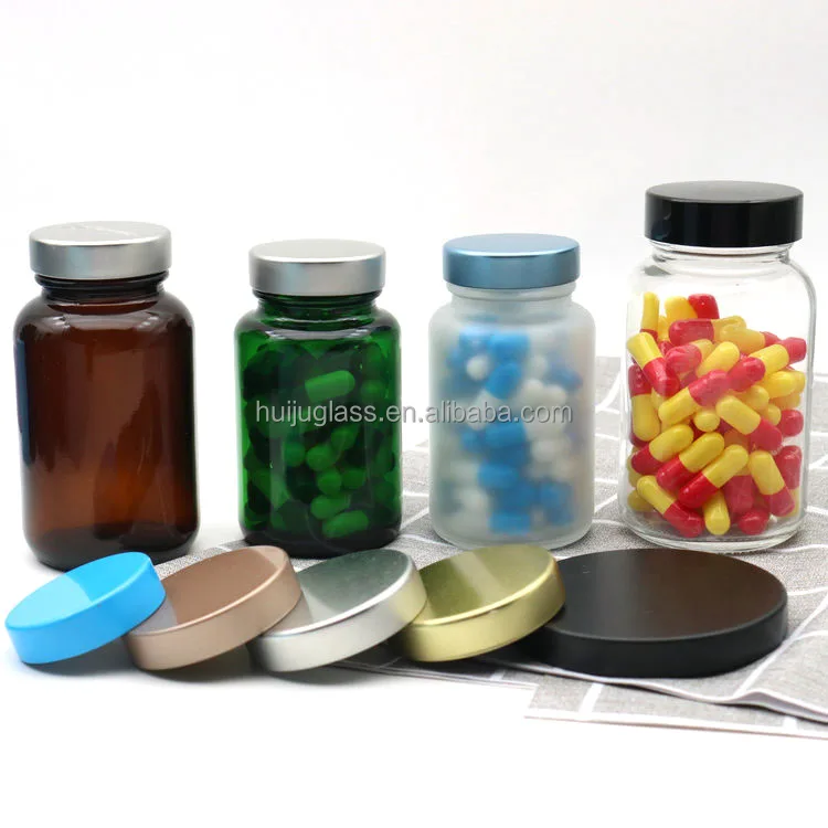 Customize Logo Transparent Amber Green 100ml 120ml glass Pill Supplement Bottle Capsule Bottle Vitamin Medical Bottle