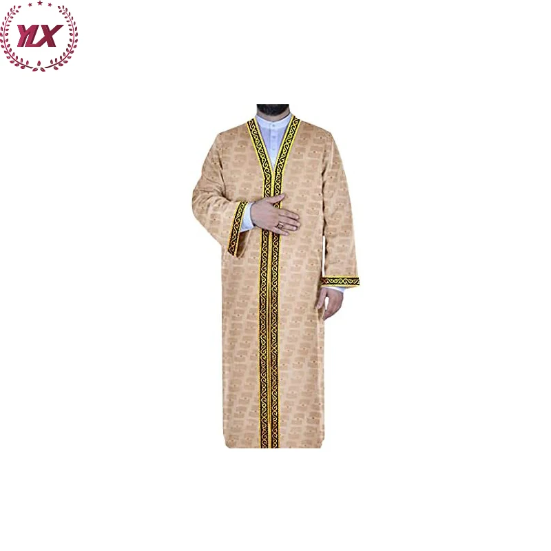 Embroidery Muslim Luxury  V-Neck Dubai Robe Men Saudi For Arab Thobe Islami