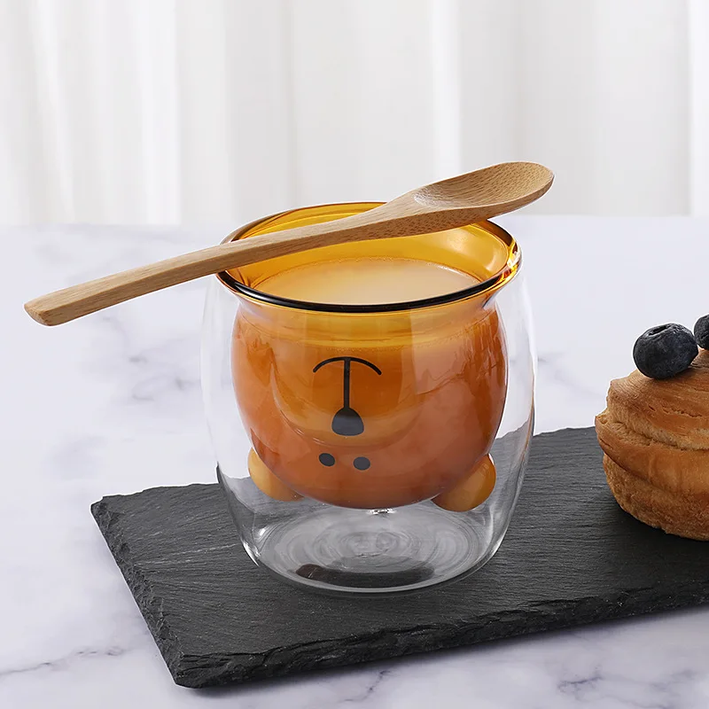 Colorful and lovely bear shaped double wall glass coffee cup 200-300ml modern four Seasons