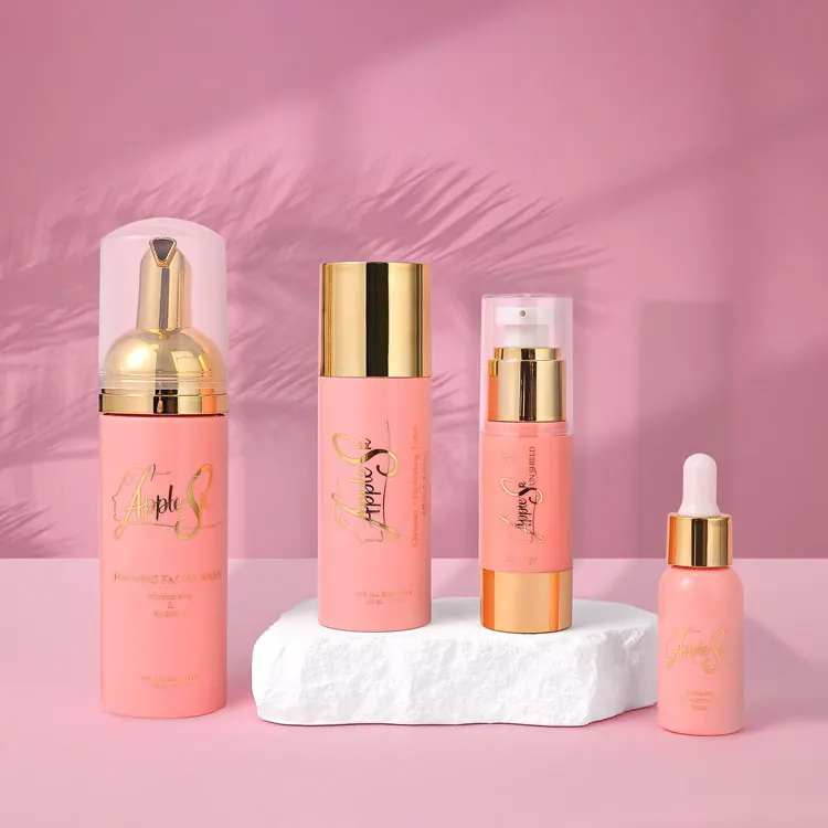 30 100 150 ml pink plastic skincare packaging facial foam cleanser bottle set airless plastic cosmetic toner bottle