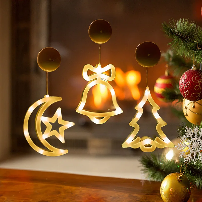 LED Christmas String Light Tinkle Bell Star Deer Snowflakes Santa Clause Snowman Cup Sucker Window Decorative Holiday Light