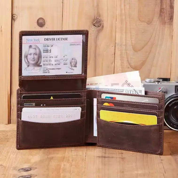 Real Leather Coin Pocket Card Holders Custom Wallets ID Window  Leather Classical Bifold Wallets Purse For Men