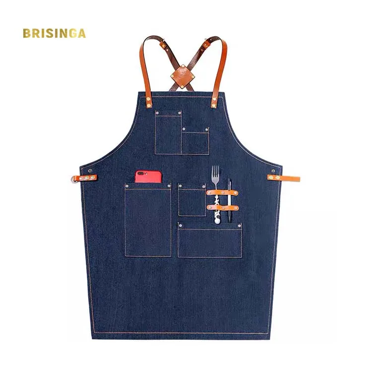 hot selling blue black apron with pockets jeans barista apron leather straps full length bib apron
