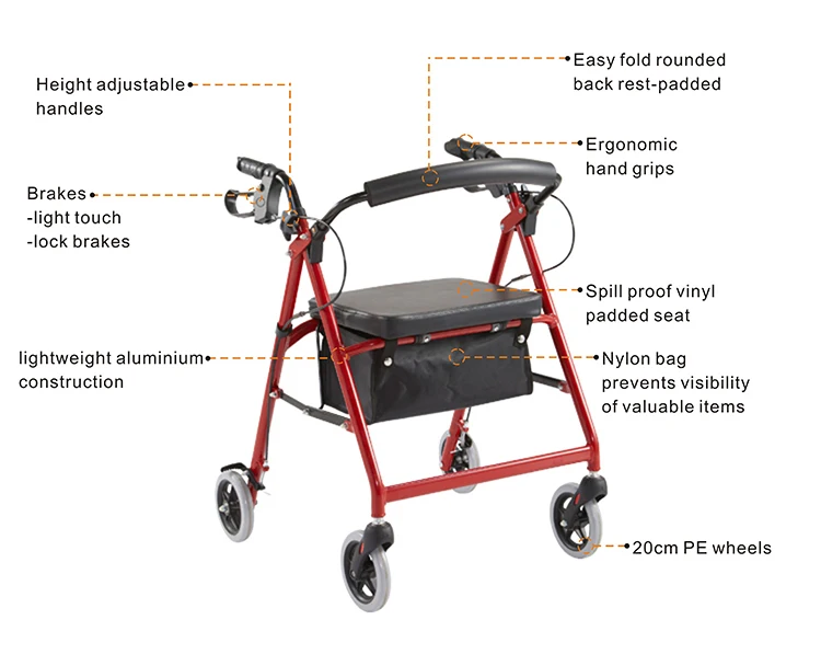Red colour height adjustable aluminium rollator walker with handle and brakes