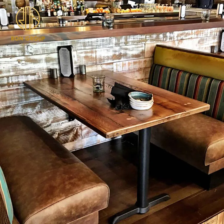 Leather bench sofa Coffee Shop Custom Commercial furniture solid cafe seating wood wooden restaurant booth table and chair set