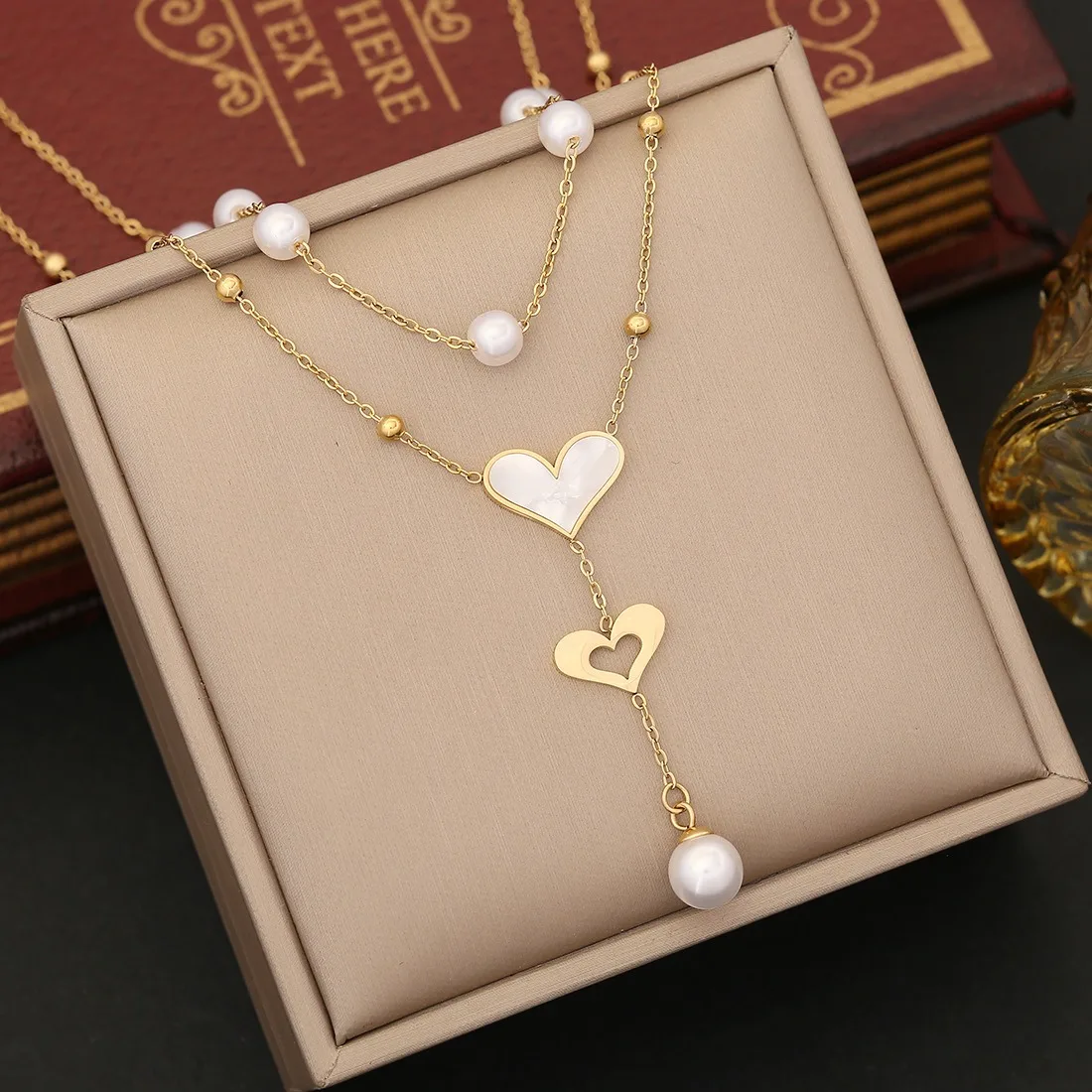New Fashion Pearl Double Layer Chain Trendy Love Butterfly Pendant Stainless Steel Temperament Necklace