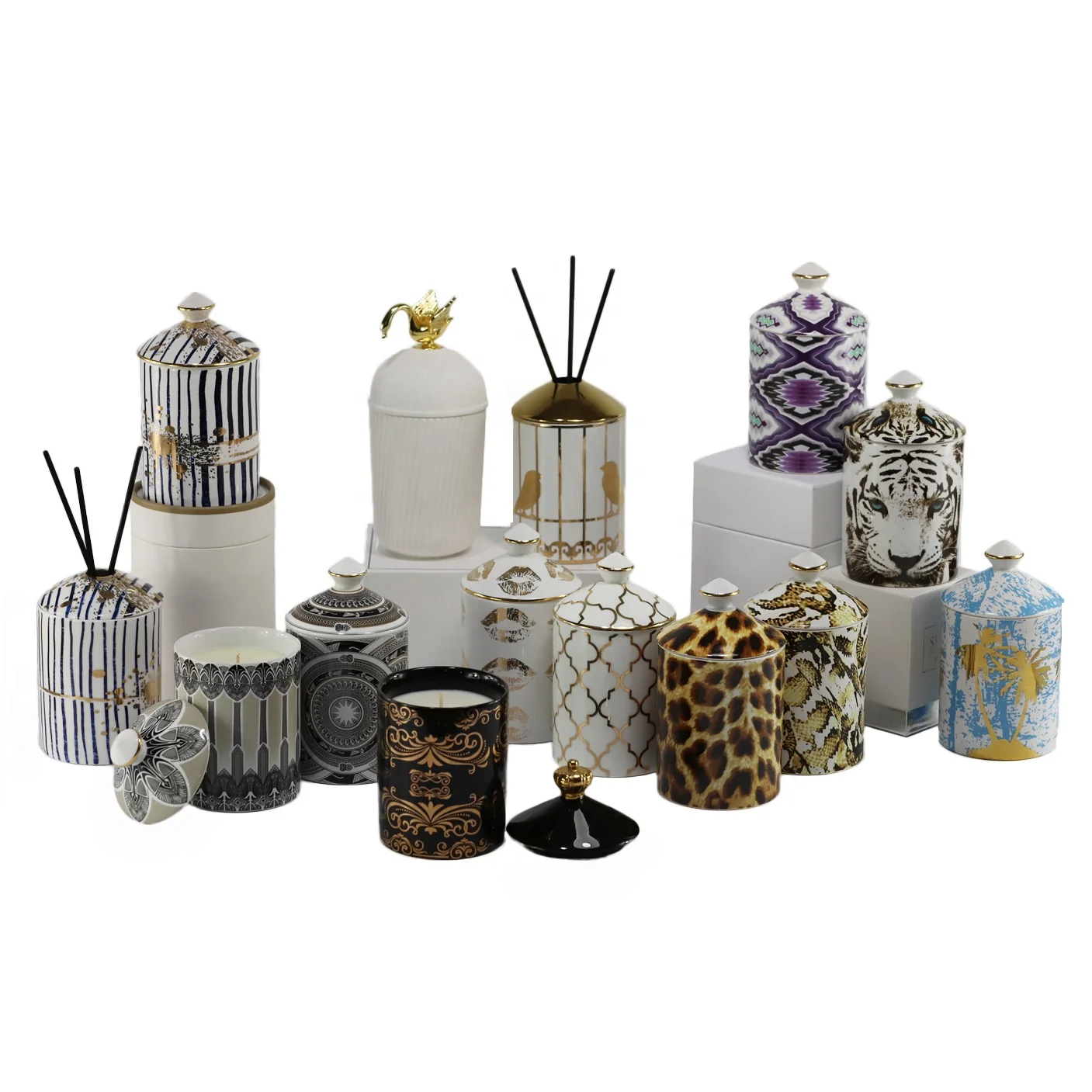 Synwish Oem Handmade Custom Decal Printed Ceramic Candle Containers Jar with Lids Scented Candle and Diffuser Gift Set