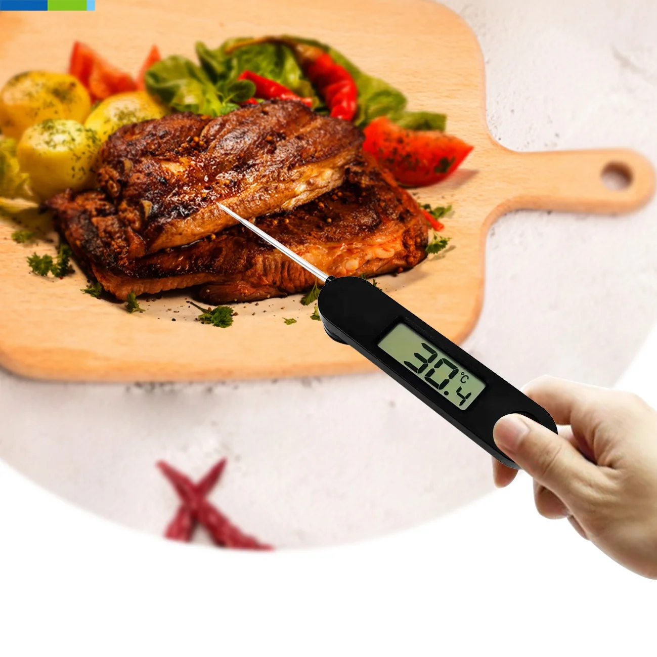 Digital Meat Thermometer with Stainless Steel 304 Folding Probe and Plastic LCD for Kitchen Household & BBQ Use