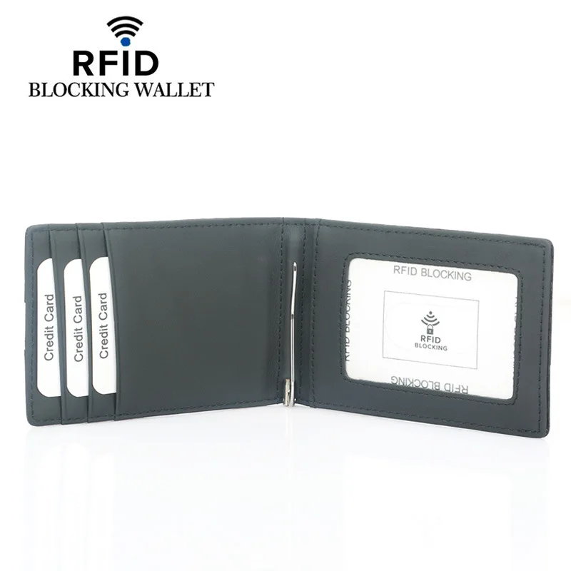 Wholesale custom men genuine leather bank card coin holder rfid credit card sleeve anti theft wallet with money clip