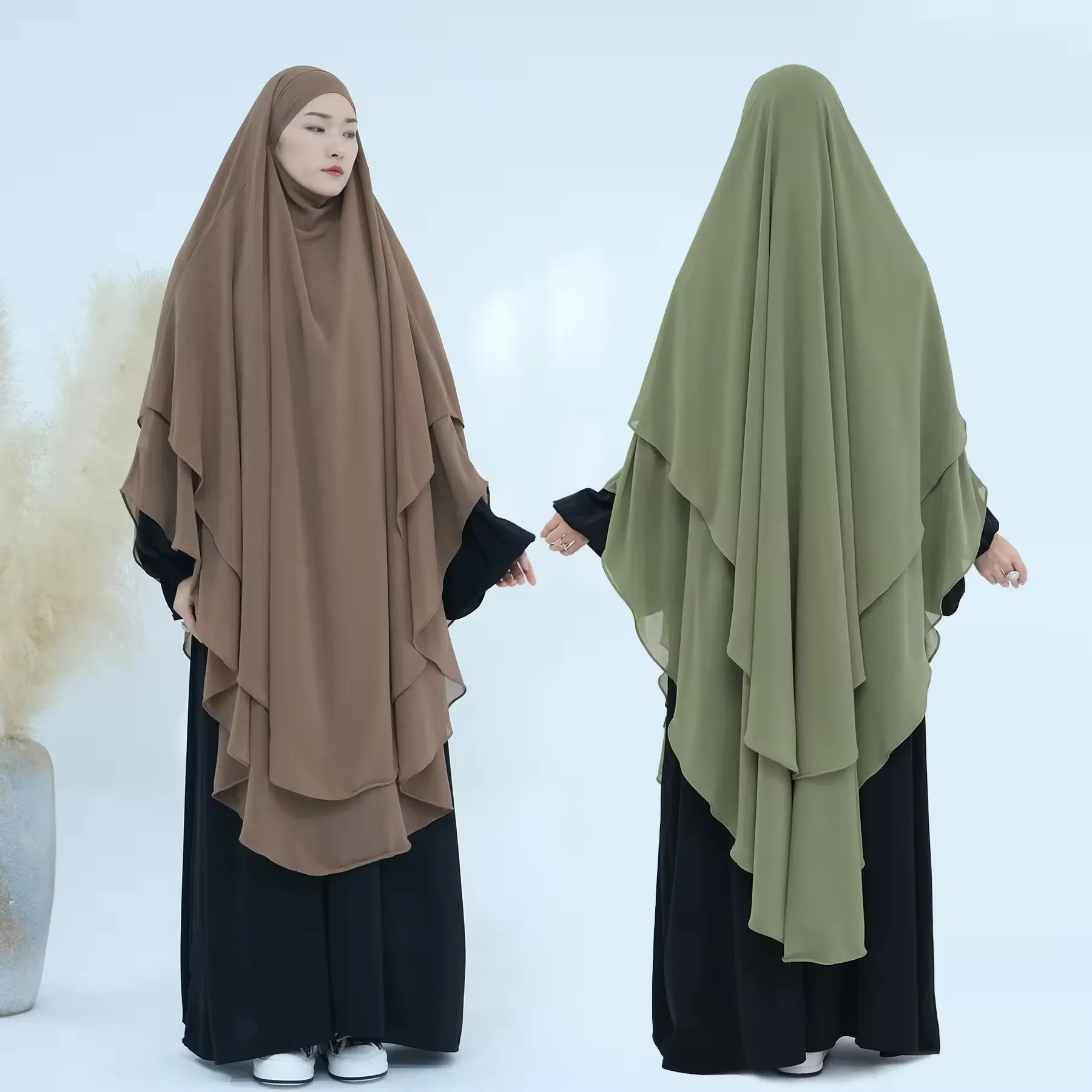 2024 New Turkey Overhead Tie Back Plain Prayer Scarf Muslim Women Hijab Dress 2 Layers Long Niqab Chiffon Khimar  satin