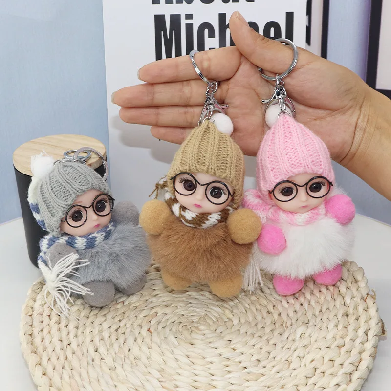 Cute Glasses Scarf Sleeping Baby Plush Doll Keychain Kawaii Pom Pom Rabbit Fur Plush Key Chain Bag Charm Pendant Christmas Gifts