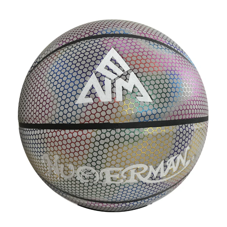 New Fashion Custom Logo Rainbow Rubber Aluminate Luminous Reflective Basketball Balls