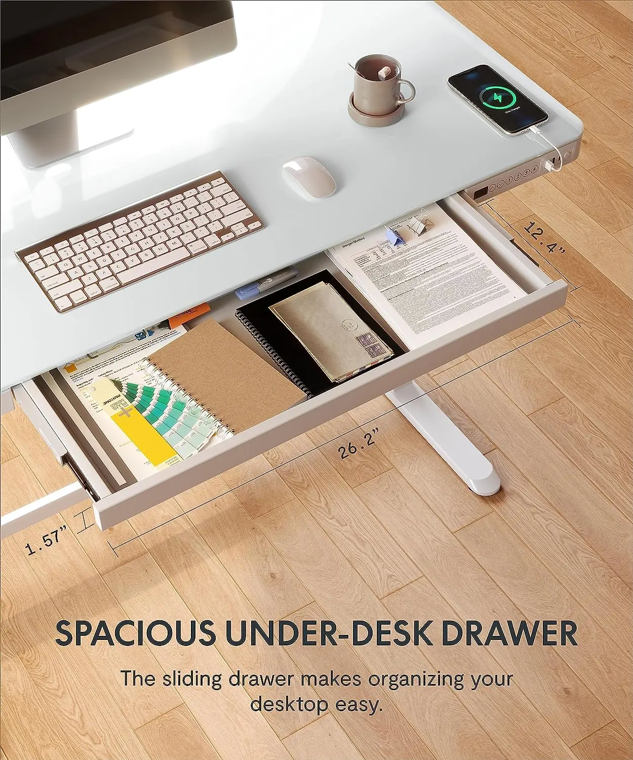 Single Motor Glass Electric Sit Standing Desk with Drawers Height Adjustable Electric Stand Up Desk Home Office Computer Table