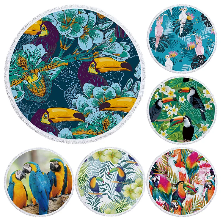 Colorful Birds Parrot Round Beach Towel Fast Dry Soft Absorbent Beach Blanket