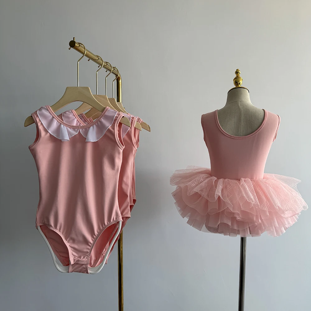2024 Custom design logo pink mesh fringe beautiful girls dance nylon spandex ballet tutu dress for girls