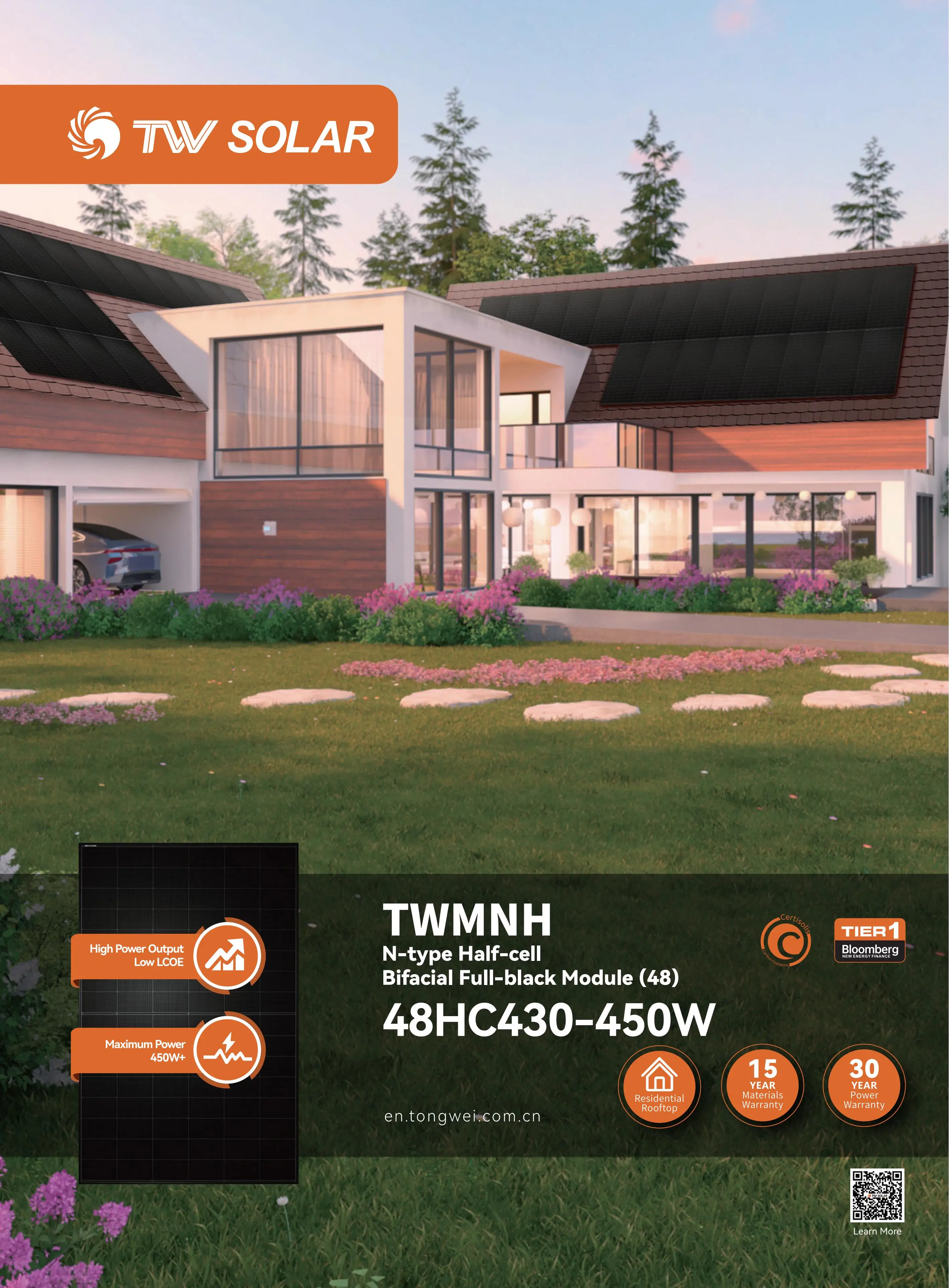 Полная черная двухфазная солнечная панель Tongwei TWMNH-48HC 430 Вт 435 440 445 450 Pv Solarpanel Pannelli Solari