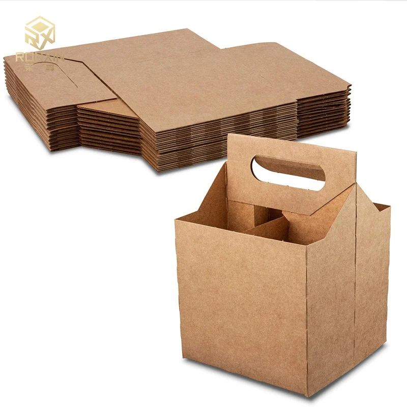 Custom Wine Kraft Corrugated Paper Packaging 6 Pack Beer Bottle Carrier Packaging Box With Handle For Wine Packaging Box