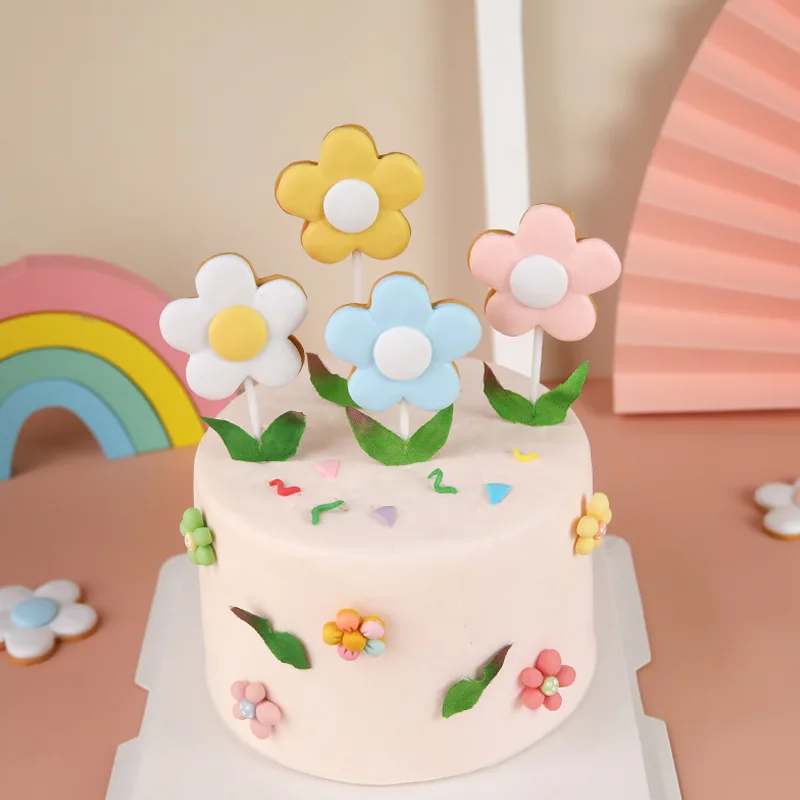 Birthday Party Decors Ins Trendy Pink Blue Yellow White Flower Cake Topper Colorful Flower Cake Toppers