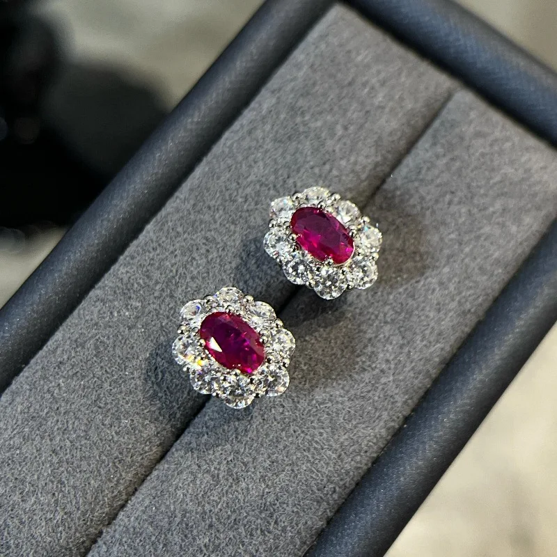 Oval pigeon blood jewel earrings encrusted with super flash small unique full diamond luxury earrings for women