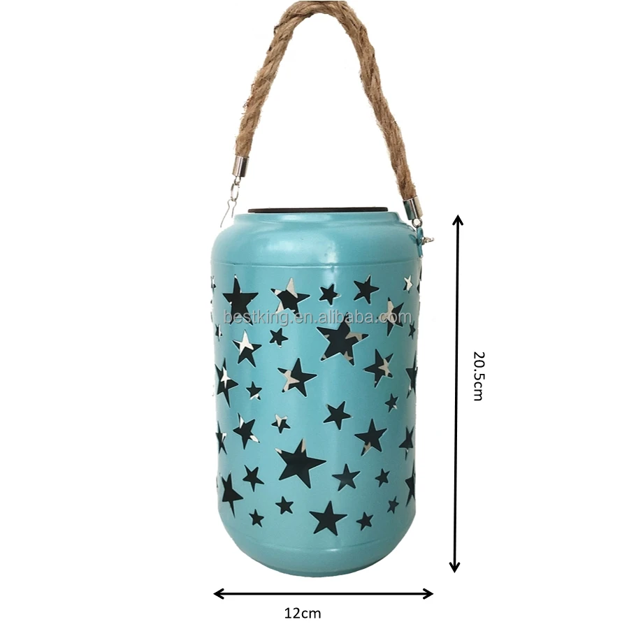 Waterproof outdoor solar powered metal five-star hollow lantern for yard garden festival decoration