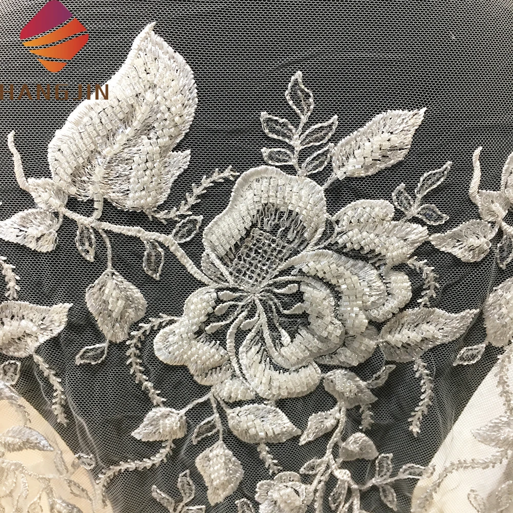 Ivory French White Embroidery Tulle Wedding Lace Fabric Fully Beaded Bridal Lace Fabric For Party Dress