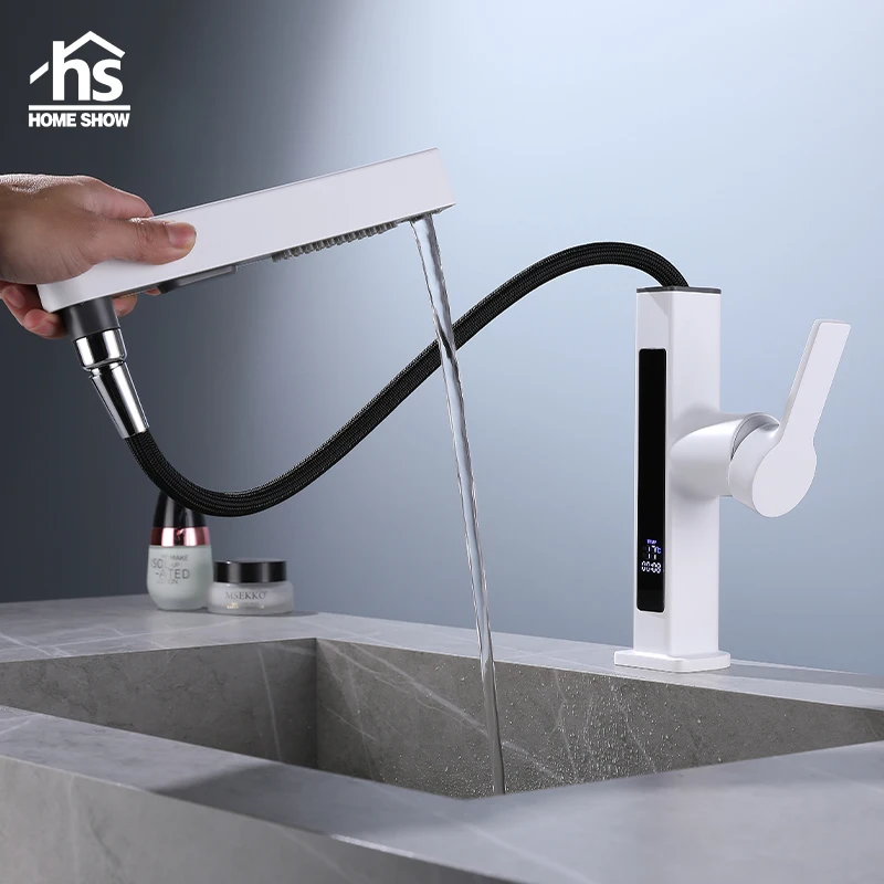 Modern Intelligent Digital Display Waterfall Taps Sink Faucet 360 Degree White Basin Faucets Hot And Cold Water Mixer