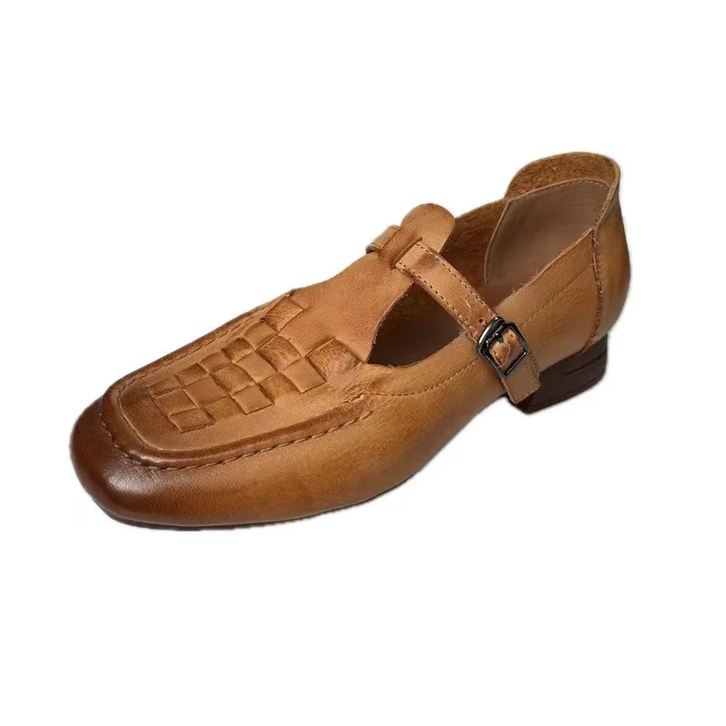 High quality  Genuine leather Handwoven design T-Strap Mary Jane women low heels office dress shoes casual shoes manufacturer