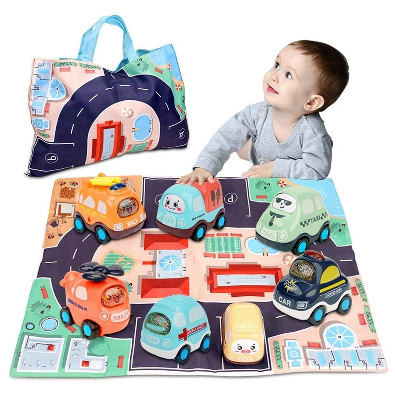 Wholesale 6 Pcs Push and Go Toy Cars Set,Cartoon Inertia Baby Toy Cars with Play Mat (Storage Bag) for Kids