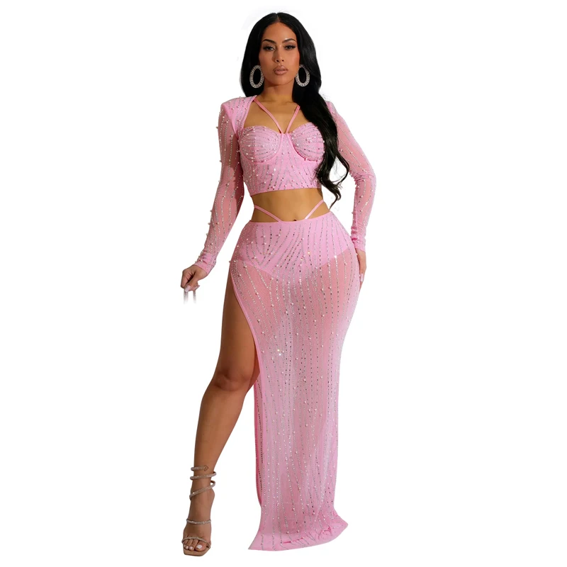 Classic luxury elegant sexy transparent bead 2 piece long skirt set maxi party evening dress with rhinestone stones for wedding