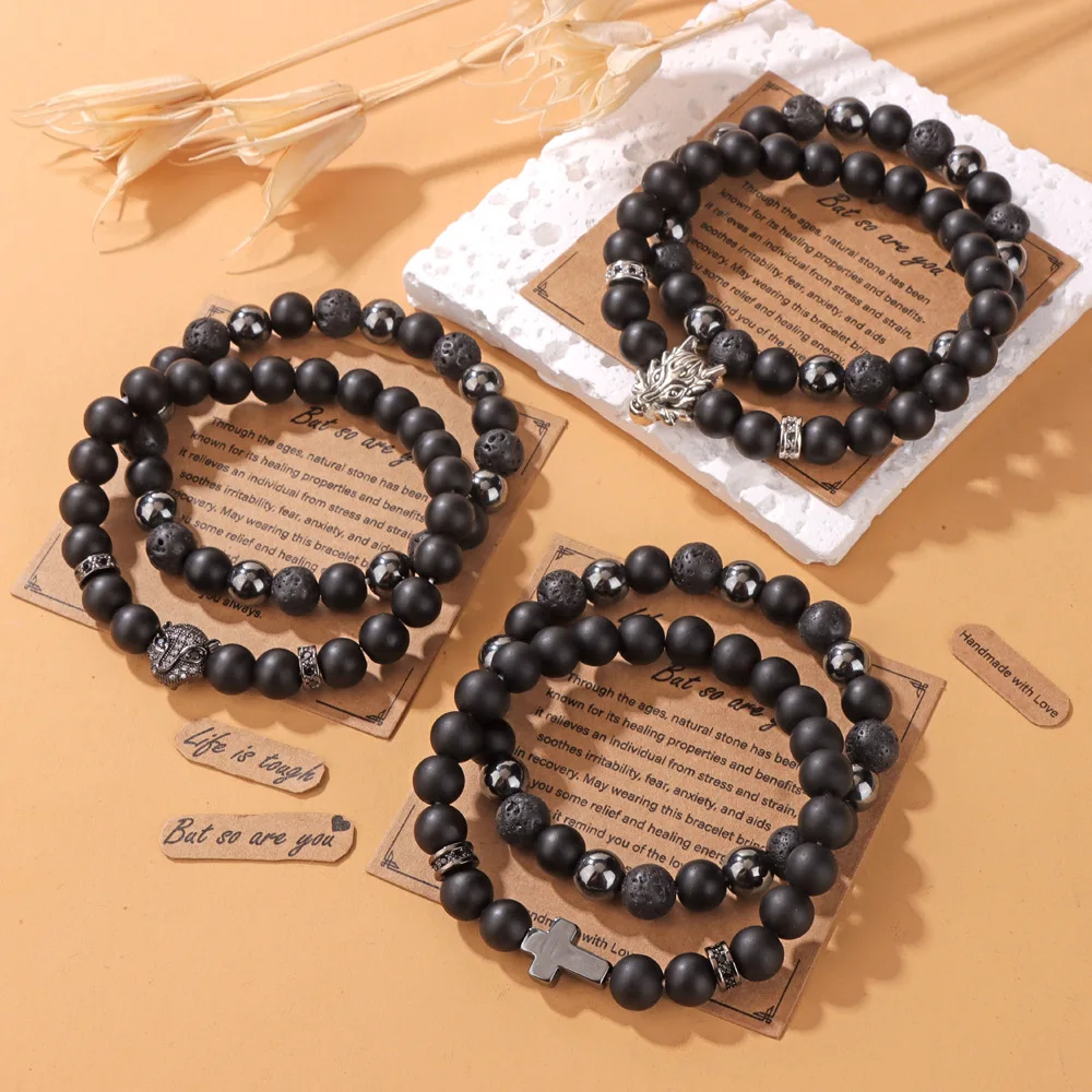 2024 Newest Fashion Lava Rock Stone and Matte Onyx Cross Skull Dragon Head Charm 2 Pieces Bracelet Sets