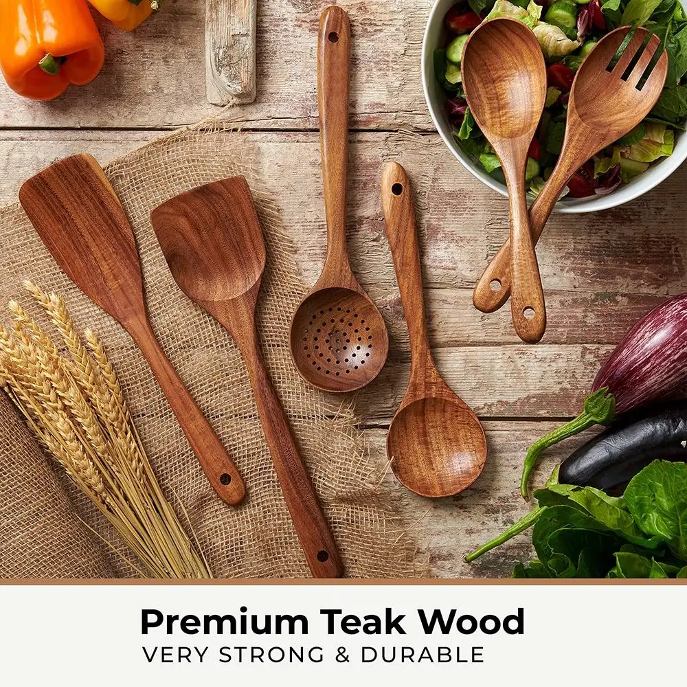 Natural Teak Cooking Set Kitchen Utensil Long Handle Bamboo Wood Soup Spoons Wooden Utensils Set