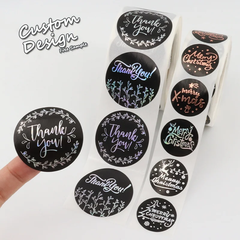 Custom Sticker Printing Waterproof Vinyl Holographic Round Roll Thank You Logo Stickers Packaging Labels