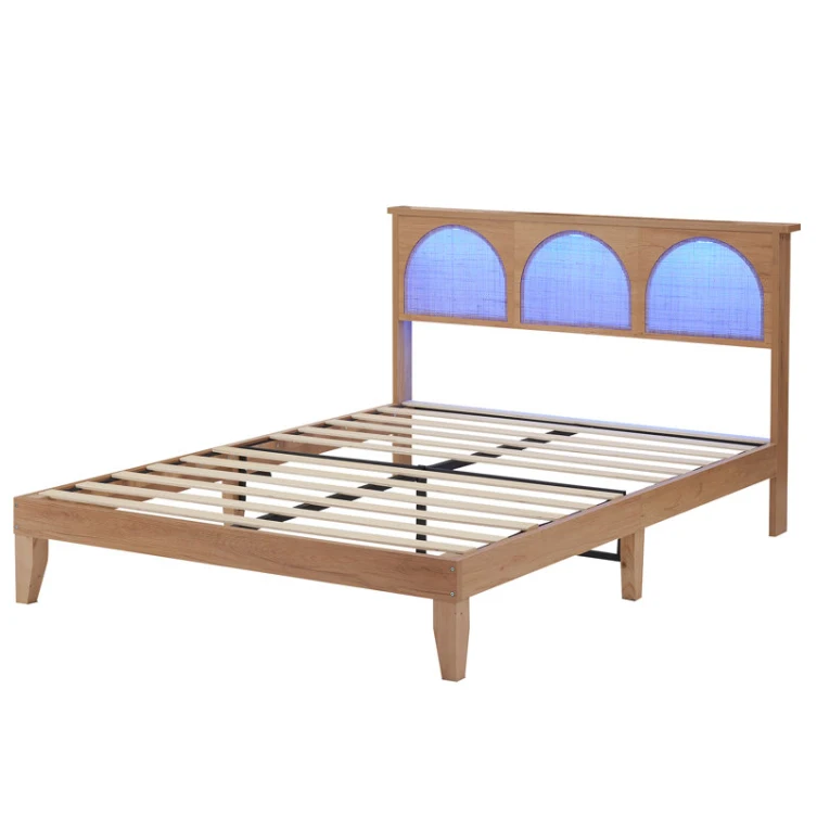 24 Years Factory Direct Bohemian Rattan Bed Frame  with Natural Rattan Headboard and  LED Lights