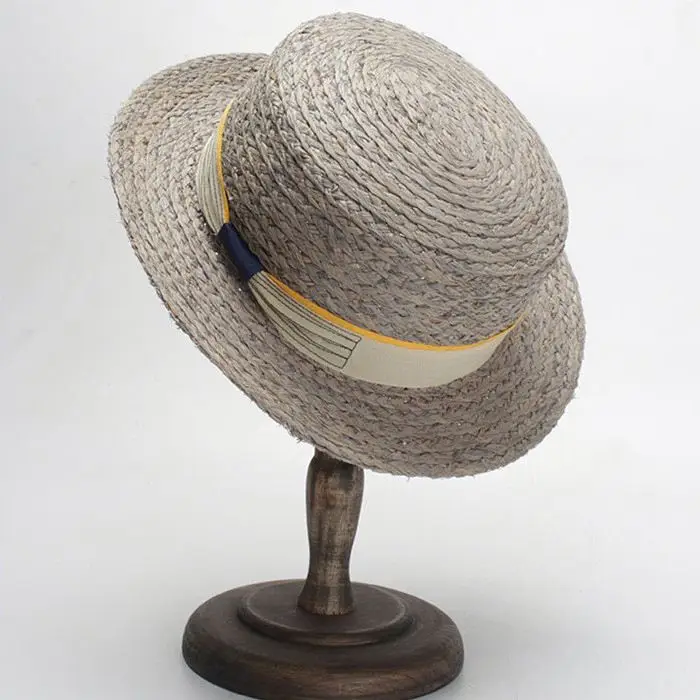 
Women Men Raffia Straw Boater Hats with hand stitching Bow 