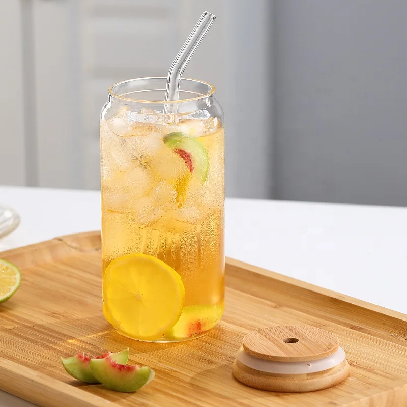 Environmental Friendly Heat Resistant Transparent Glass Beer Can Cup With Bamboo Lid And Straw