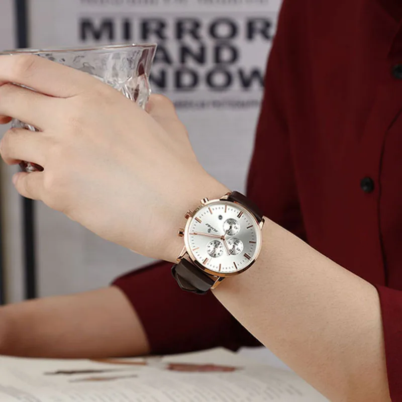 Unique Quartz Watch Chronograph Quartz Movement Waterproof Date Men Wrist Watch Glass Leather Fashion Watches Alloy Round Analog