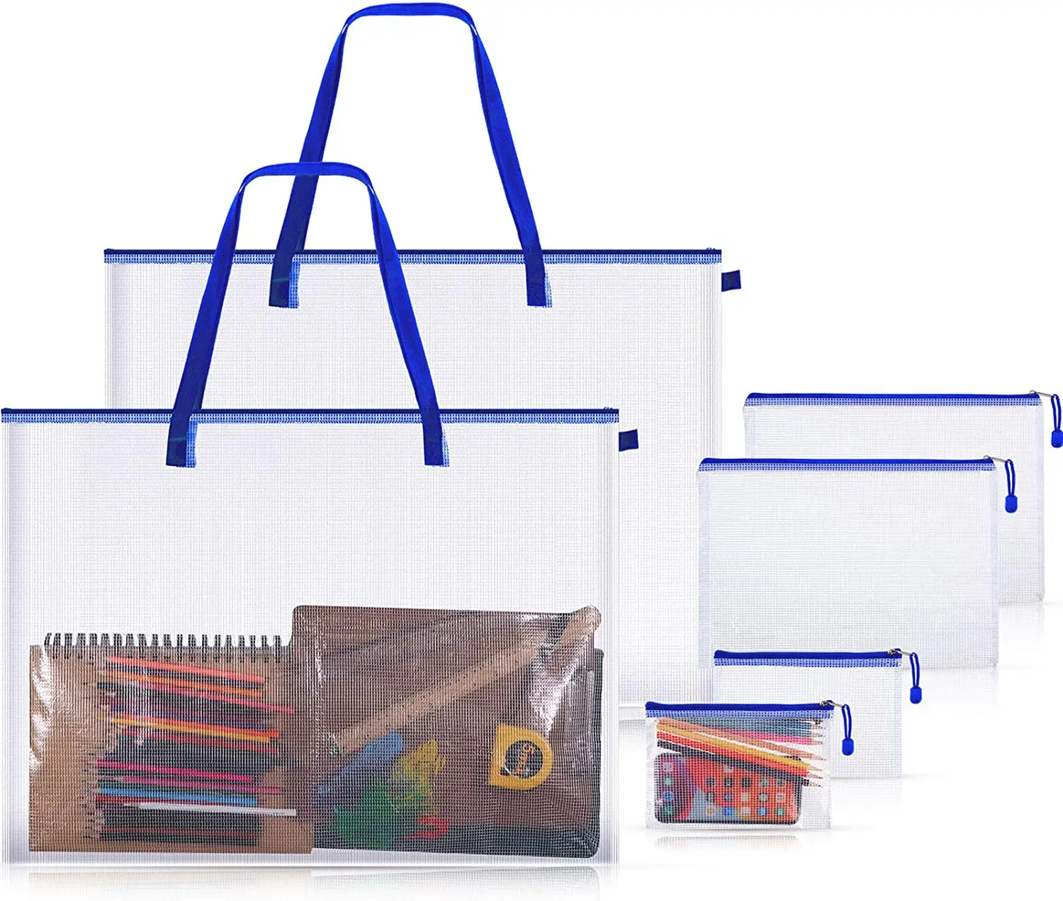 
PVC File Documen Art Portfolio Poster Storage Mesh Tote Bag Pouch with Handle Zipper for Pens Stationery and More 